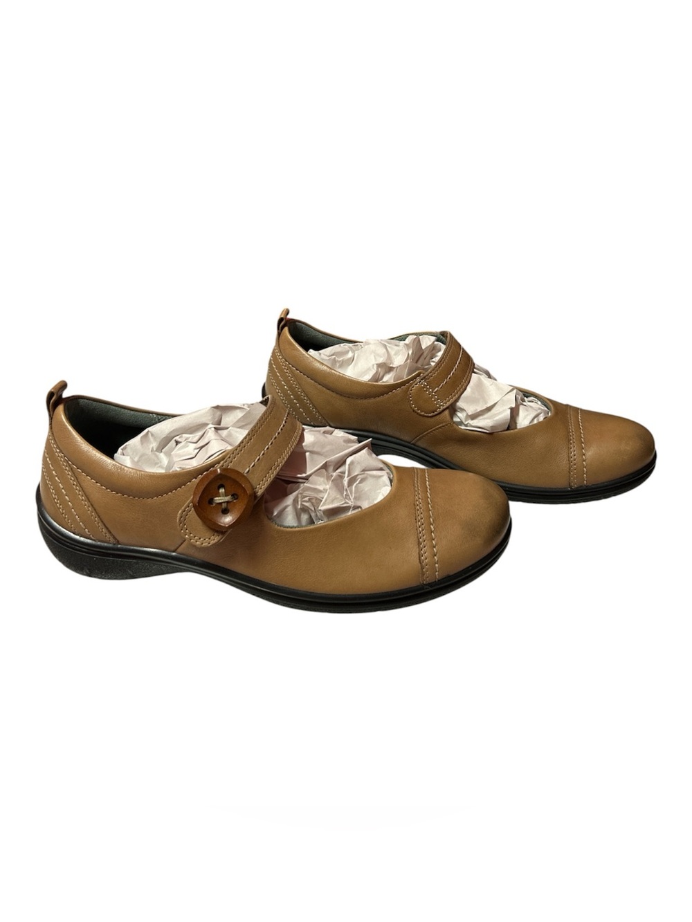 Ecco Leather Mary Jane Round Toe Flats Brown Button Buckle Velcro Strap